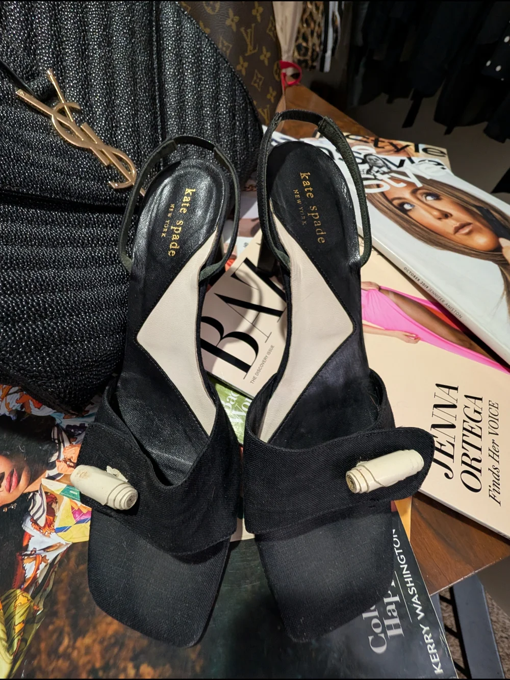 Early 2000's kate spade Black Suede Platform Slingback Heels with Cream Accents